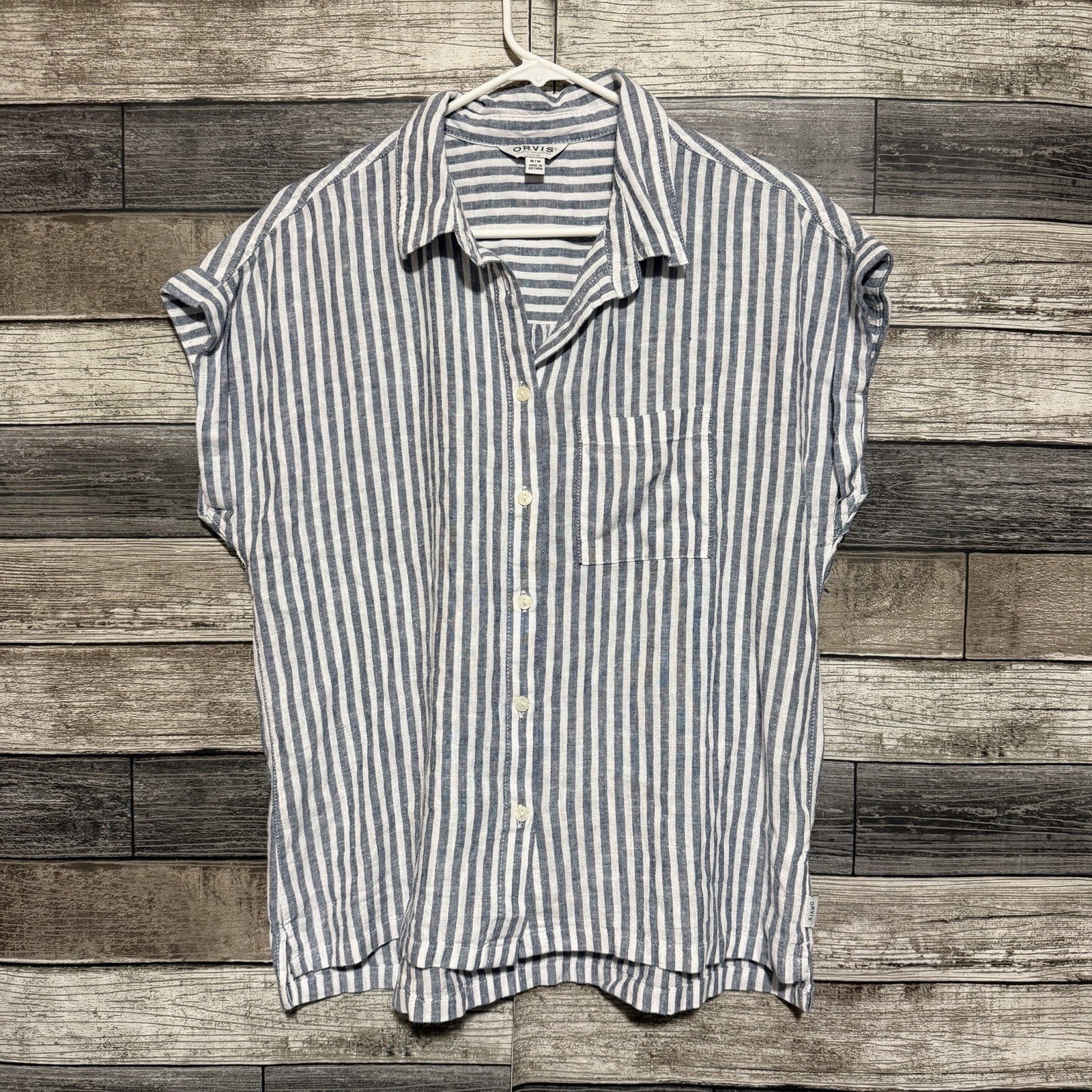 Orvis Striped Linen Blend Top Blouse Women’s M Blue White Lightweight Casual