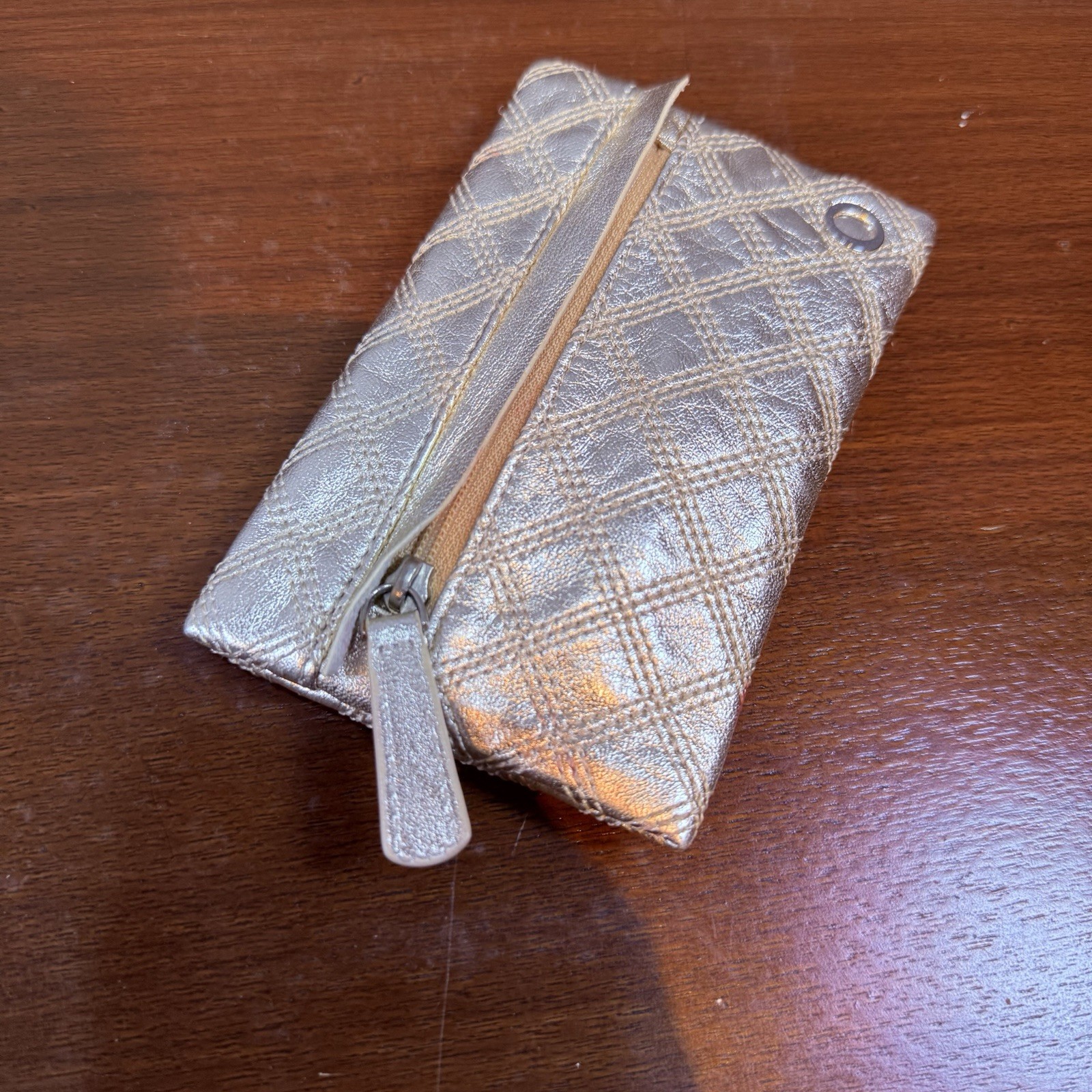 Oroton Quilted Gold Leather Coin Purse Small Zip Key Wallet Pouch Quality
