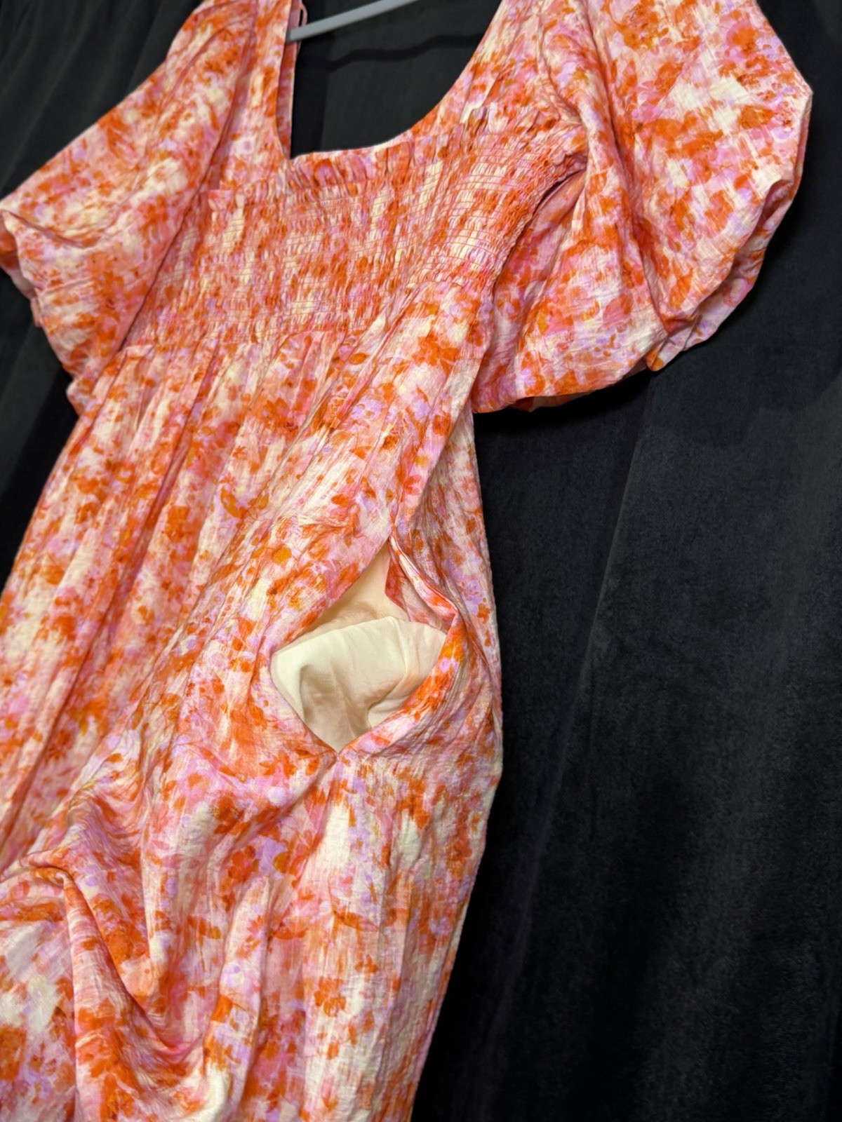 Anthropologie Orange Pink Floral Puff Sleeve Midi Dress Women’s Medium NWOT