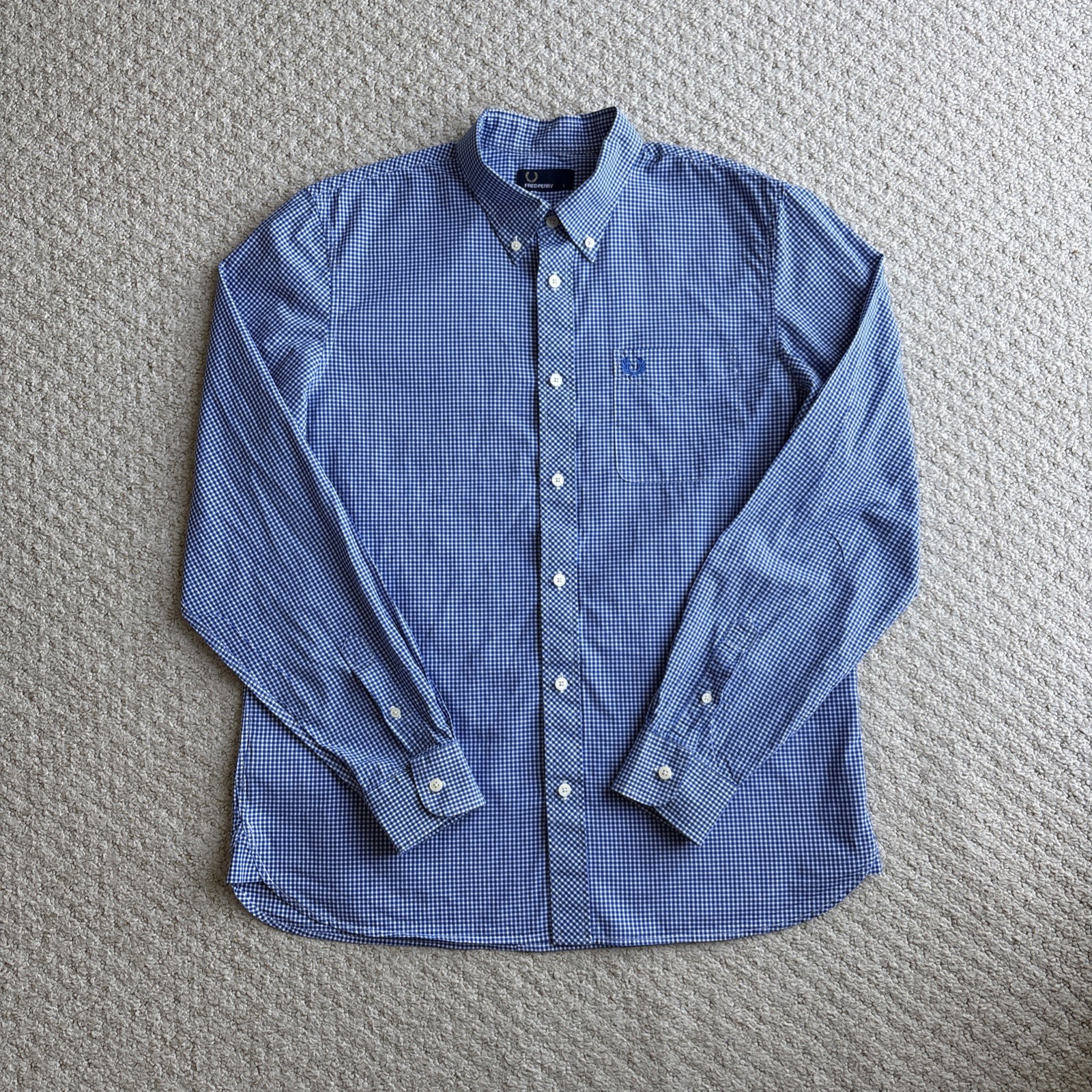 Fred Perry Gingham Check Shirt Men’s Large L Blue White Cotton Button Down