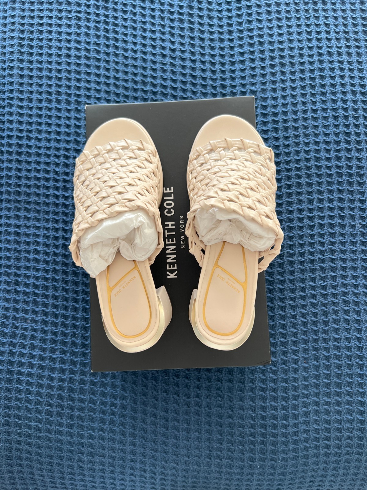 Kenneth Cole Solara Woven Leather Mule Sandals Women’s 9.5 Cream Block Heel NIB
