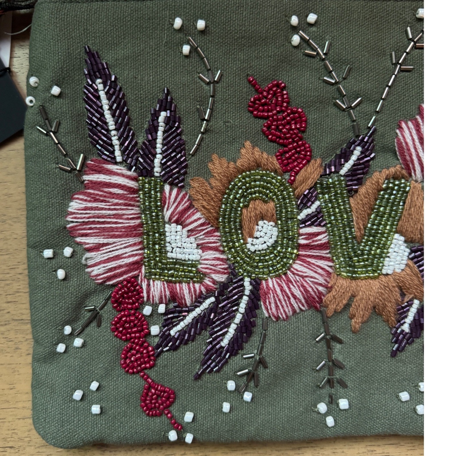 America & Beyond Love Beaded Floral Wristlet Clutch Bag Olive Green Canvas NEW