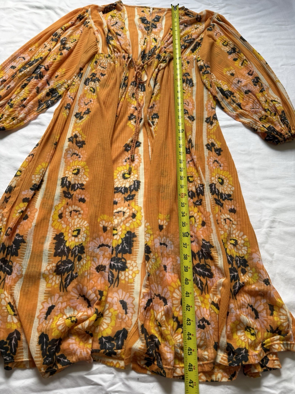 Free People L Orange Floral Sheer Mesh V-Neck Balloon Sleeve Tie Front Kimono