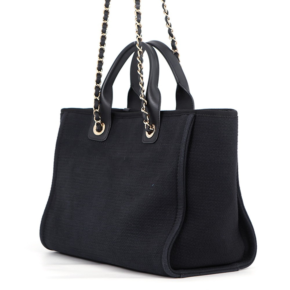 CHANEL Deauville Chain Tote Size Small Canvas/Leather Black AS3257