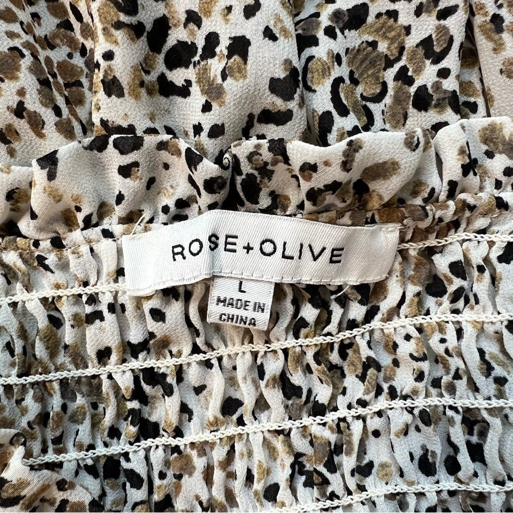 Rose + Olive Leopard Print Smocked Peplum Blouse Neutral Long Sleeve Large