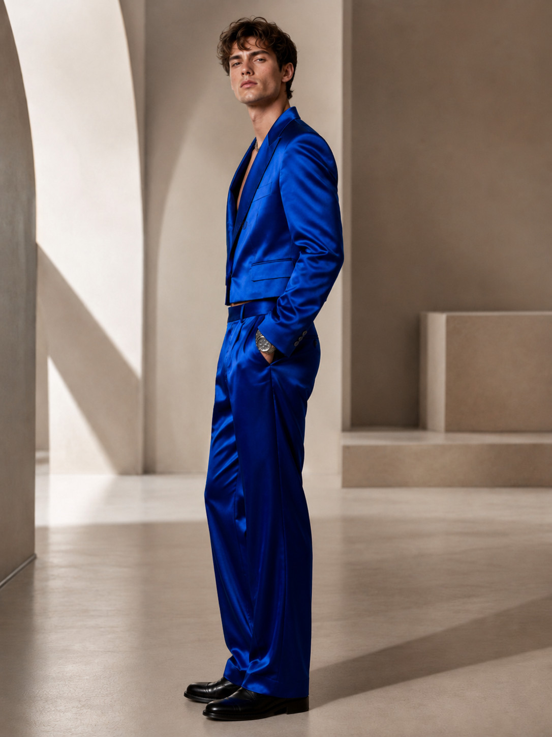 Mens Cobalt Blue Satin 2 Piece Suit Cropped Jacket Wide Leg Pants Wedding Prom