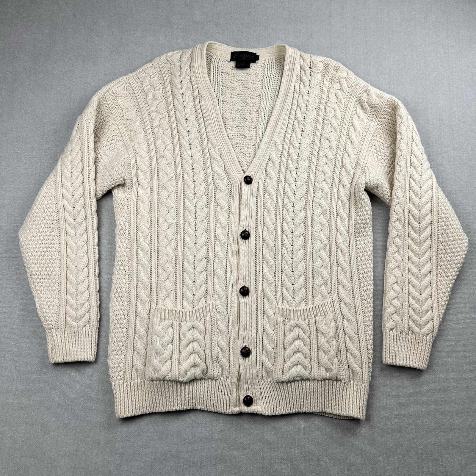 Peregrine JG Glover Cardigan Sweater XL Ivory Wool Cable Knit Fisherman England