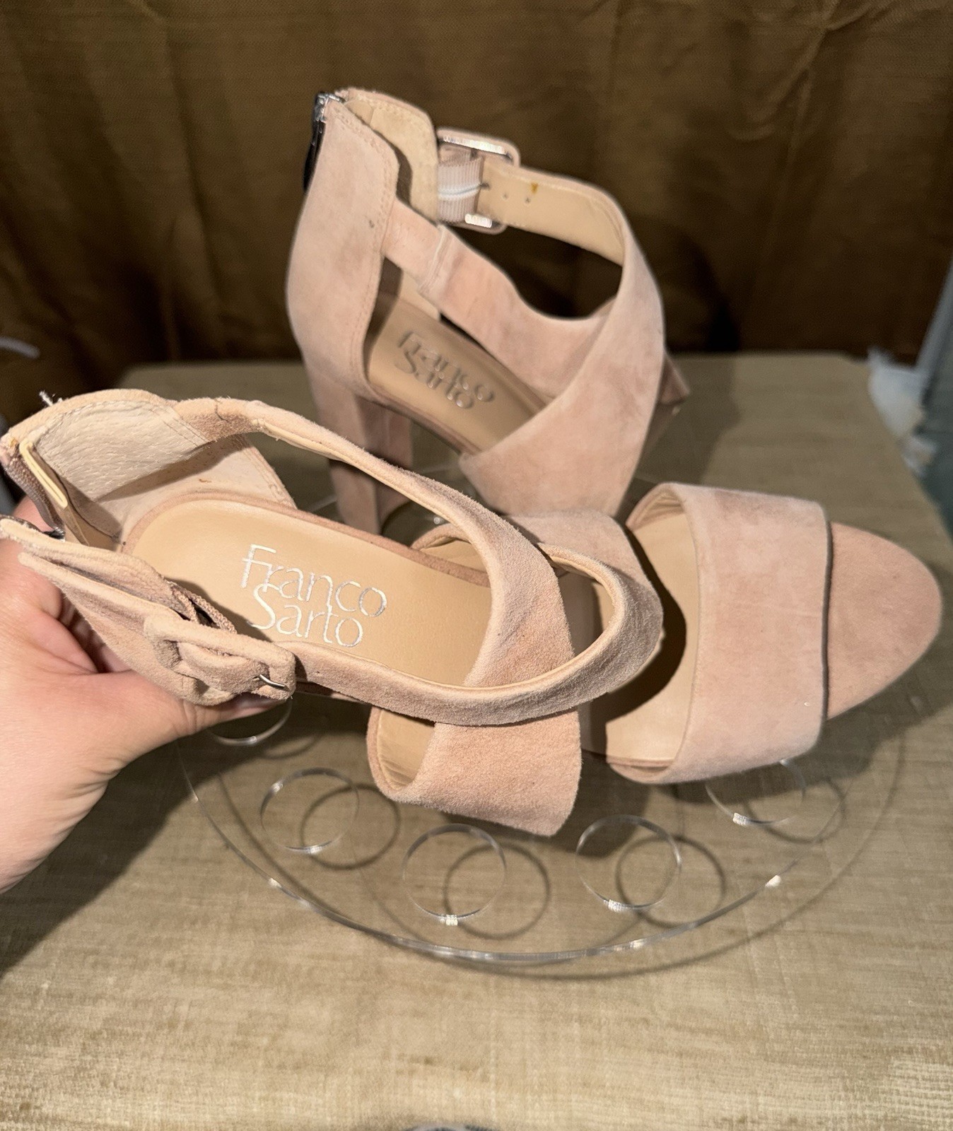 Franco Sarto Beige Leather Strappy Block Heel Sandals Women’s 7.5M Ankle Strap