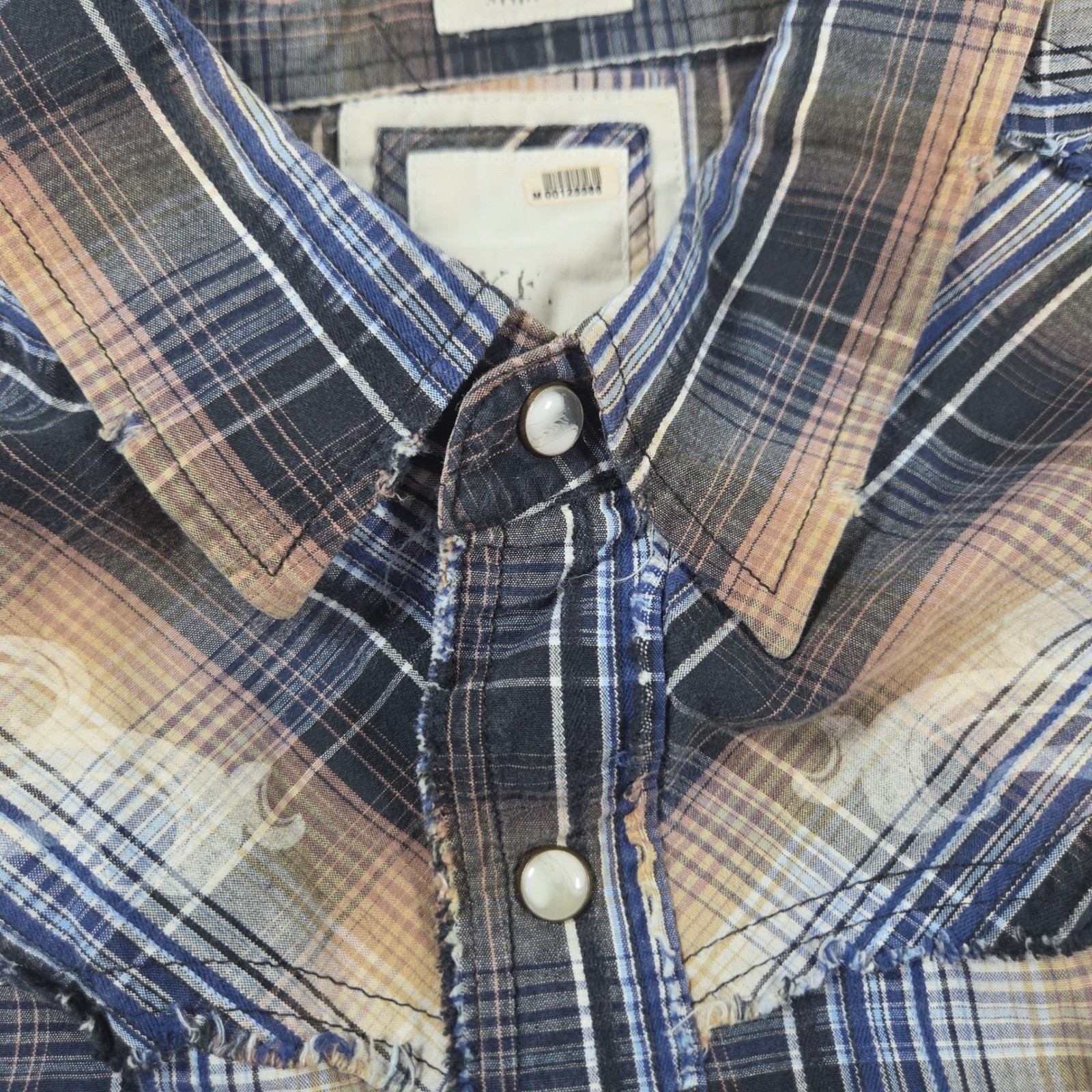 BKE Slim Fit Mens Western Snap Shirt XL Plaid Distressed Embroidered Blue Tan
