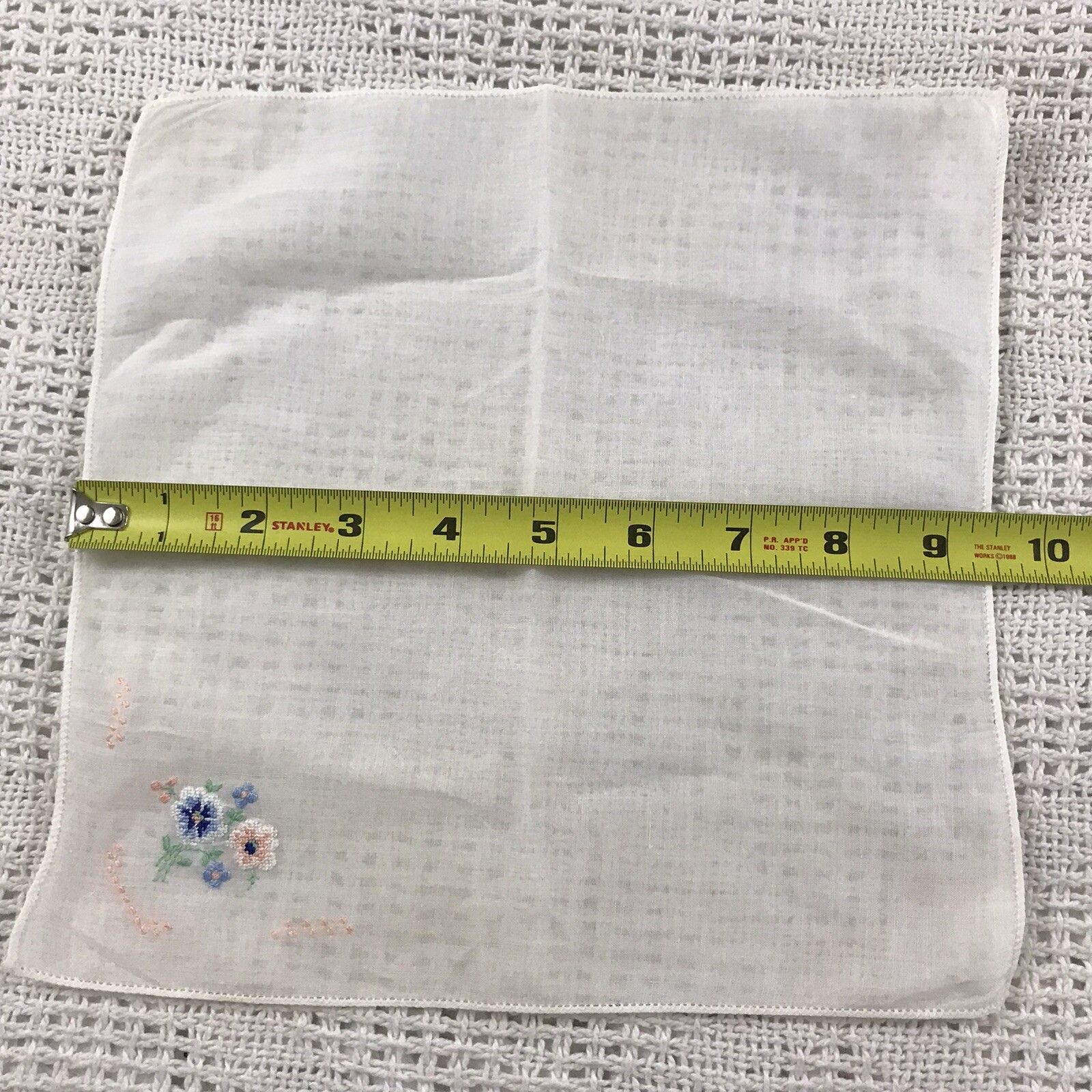Embroidered Floral Handkerchief Pink Blue White Simple Delicate 9.5″ Vintage