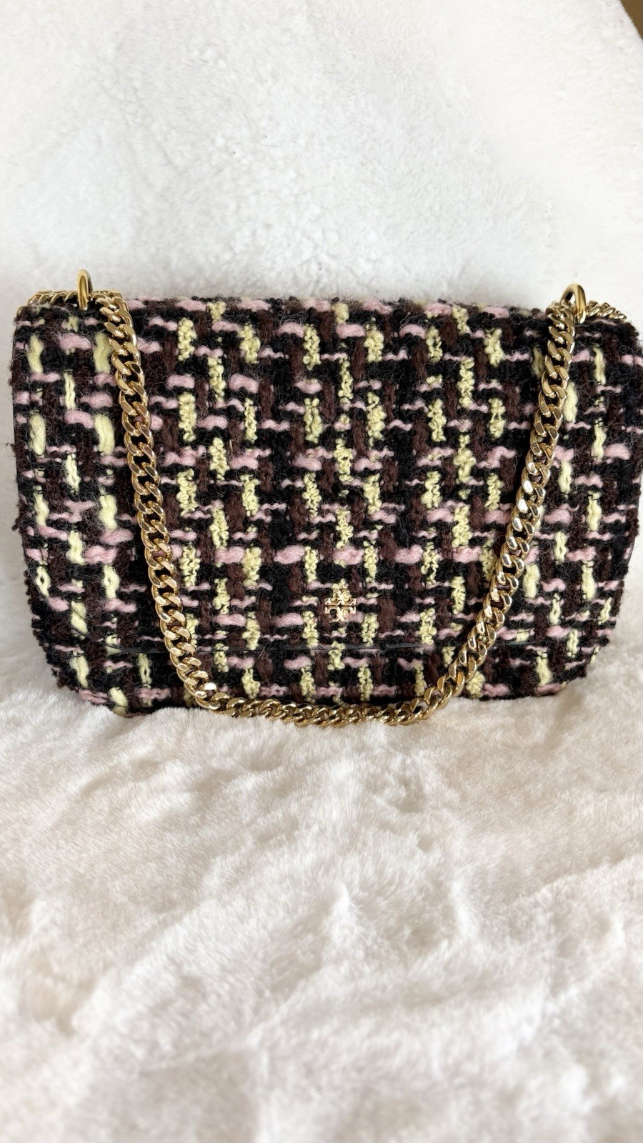 New Tory Burch Emerson Tweed E/W Flap Leather and Chain Shoulder Strap Handbag