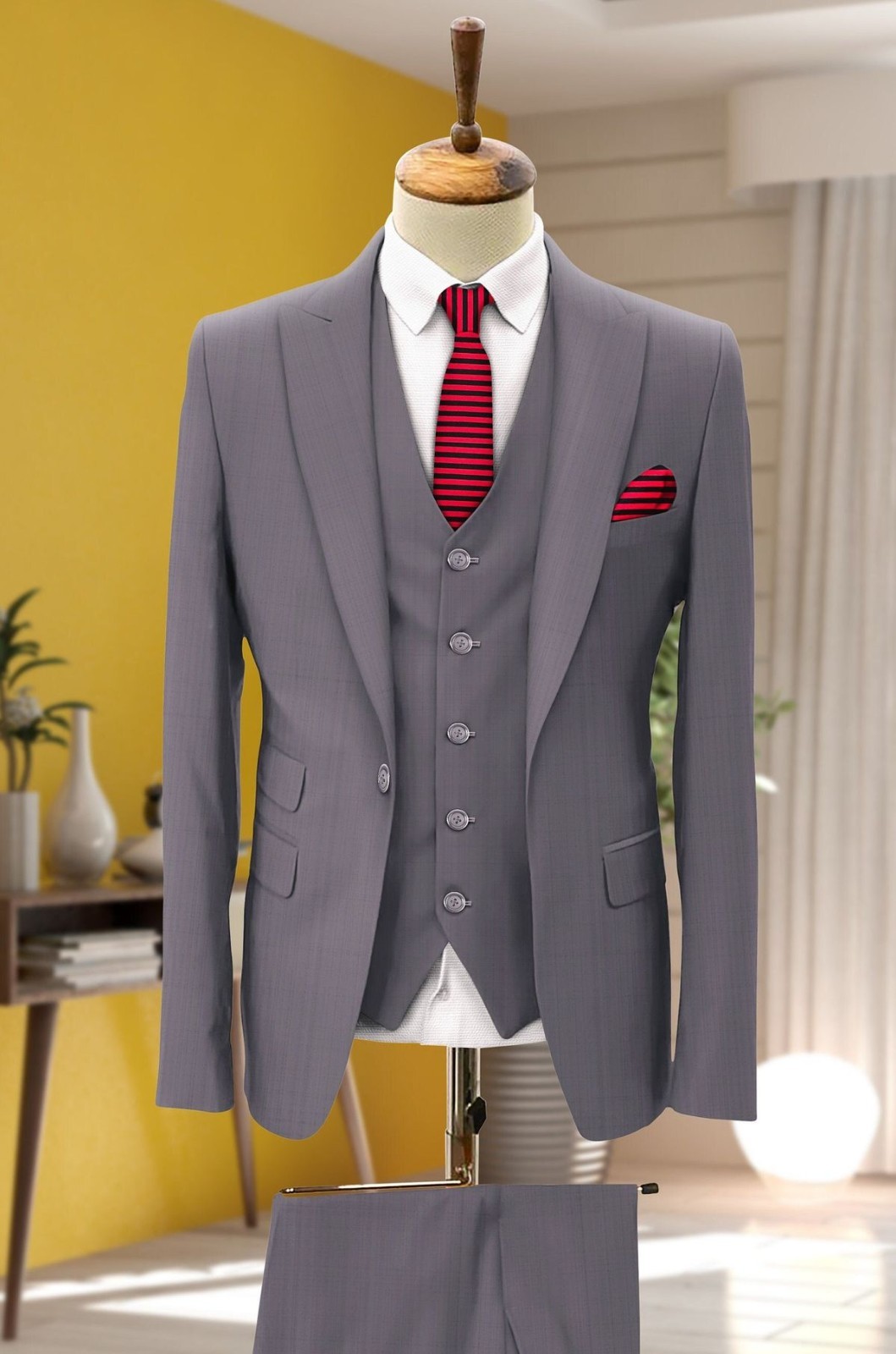 Gray 3PCS Mens Suits Peak Lapel Slim Fit Jacket Coat Business Formal Coat Blazer