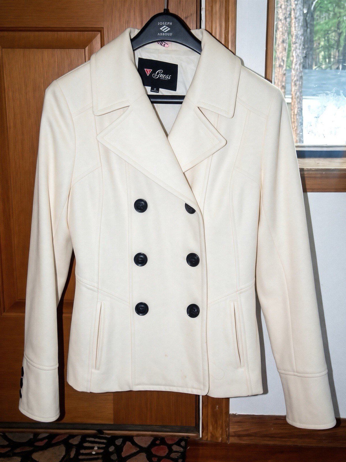 GUESS Women’s Ivory Double-Breasted Pea Coat Short Collared Pockets Size M