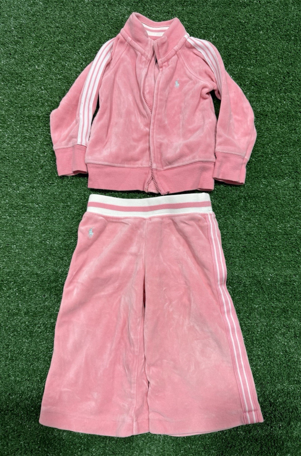 Ralph Lauren Baby Girl Track Suit 2 Piece 12m Pink Velour Hoodie Pants Pony Y2K