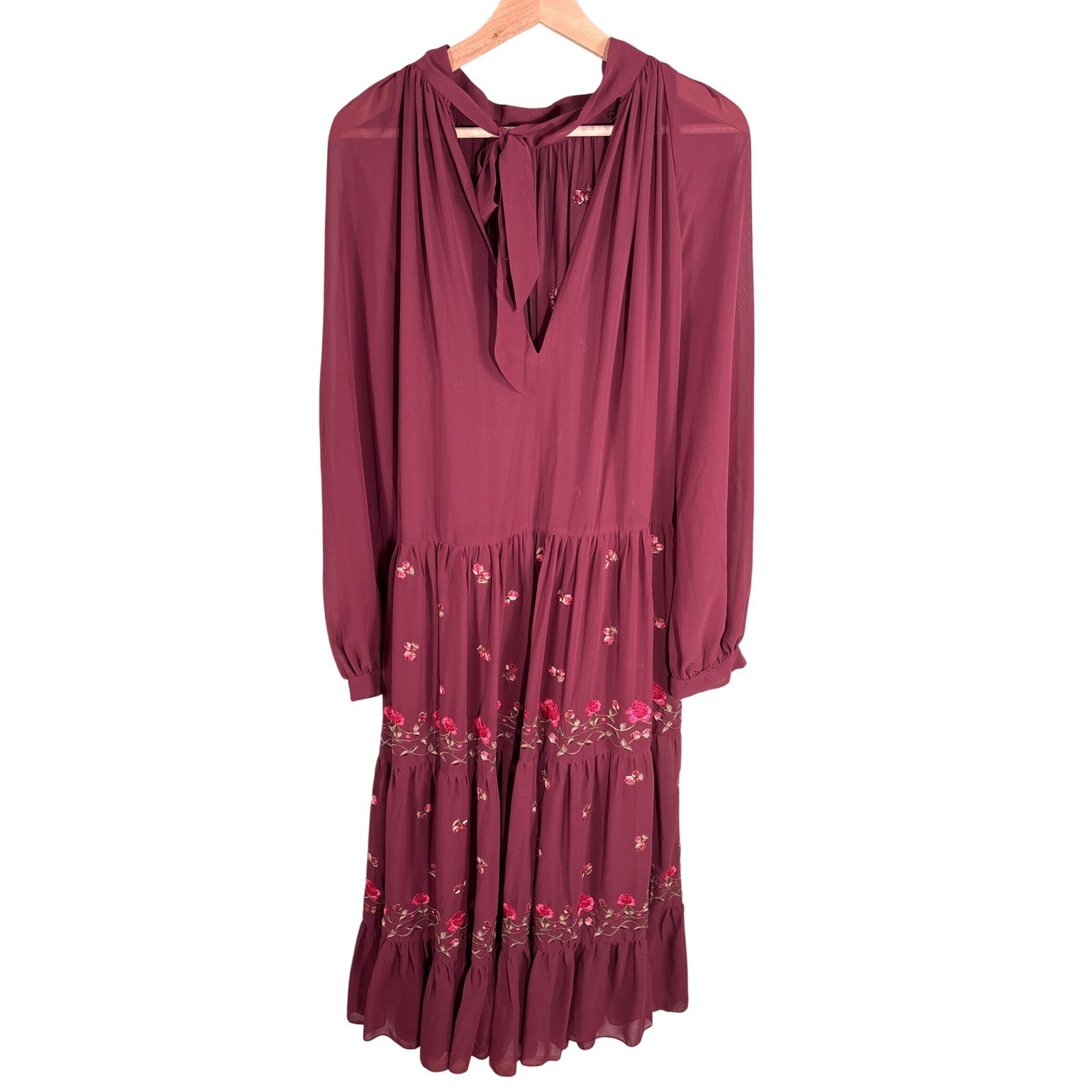 ASOS DESIGN Burgundy Floral Embroidered Tiered Maxi Dress Tie Neck Wine Size 10