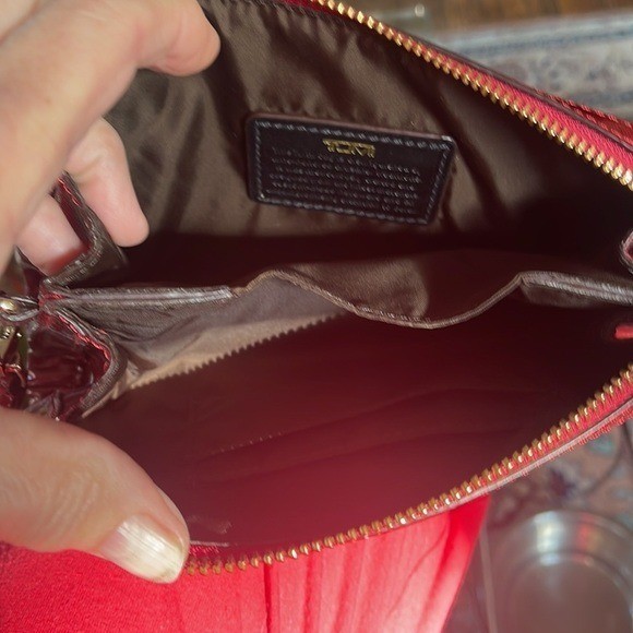 TUMI Red Metallic Crossgrain Zip Top Wristlet Clutch Bag Gold Hardware