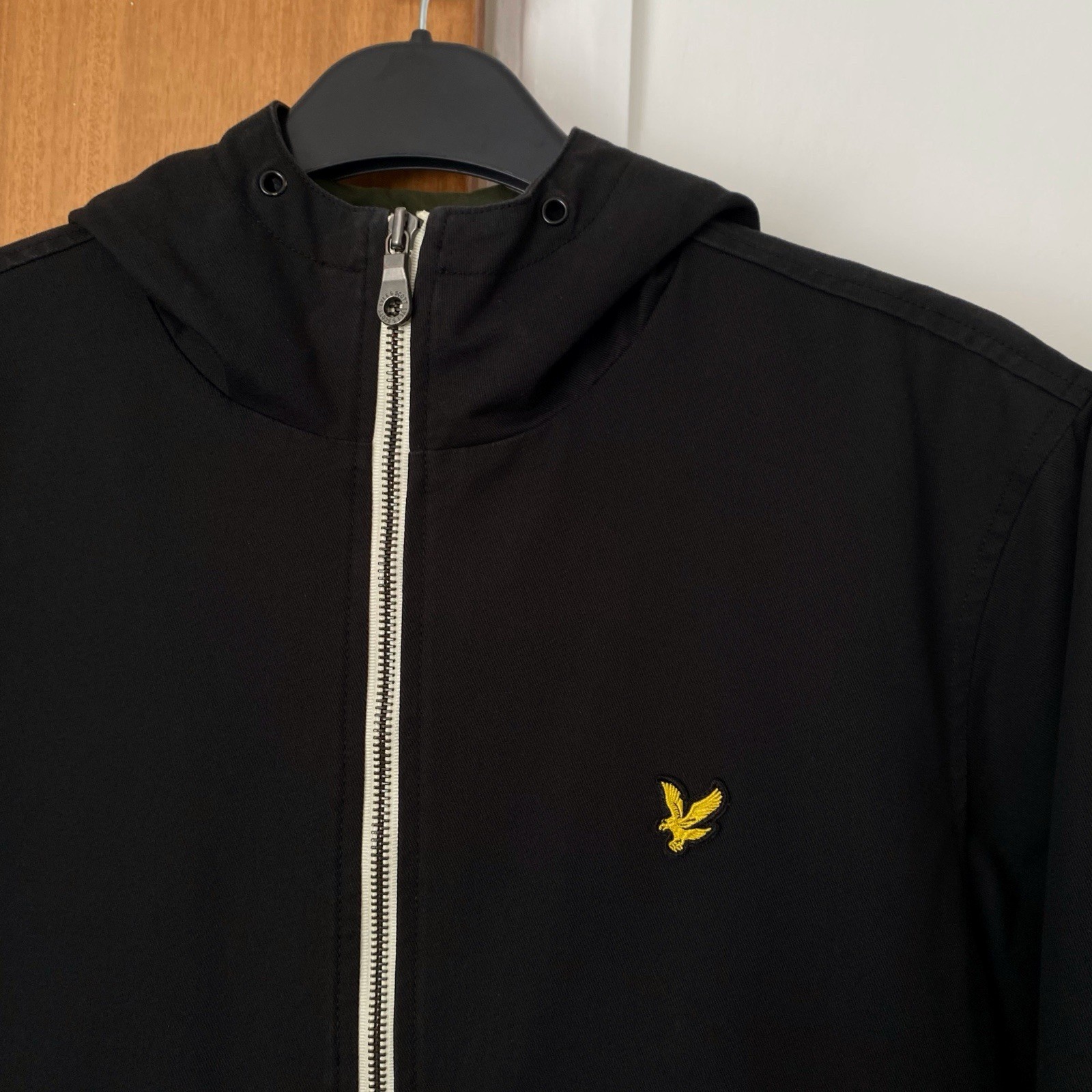 Lyle & Scott Jacket Mens Medium Black Full Zip Hooded Cotton Khaki Green Lining