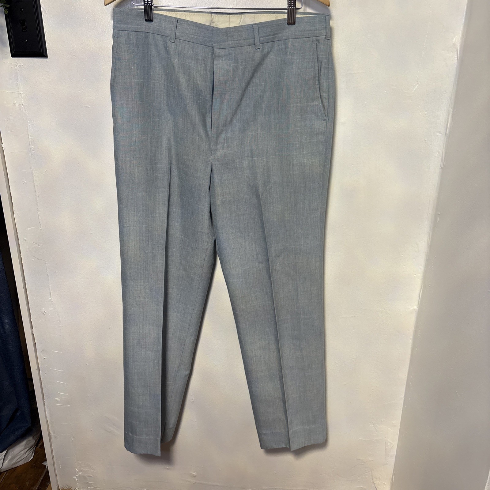 Haggar Flat Front Dress Pants Mens 36 light Blue Dacron Polyester Worsted Wool