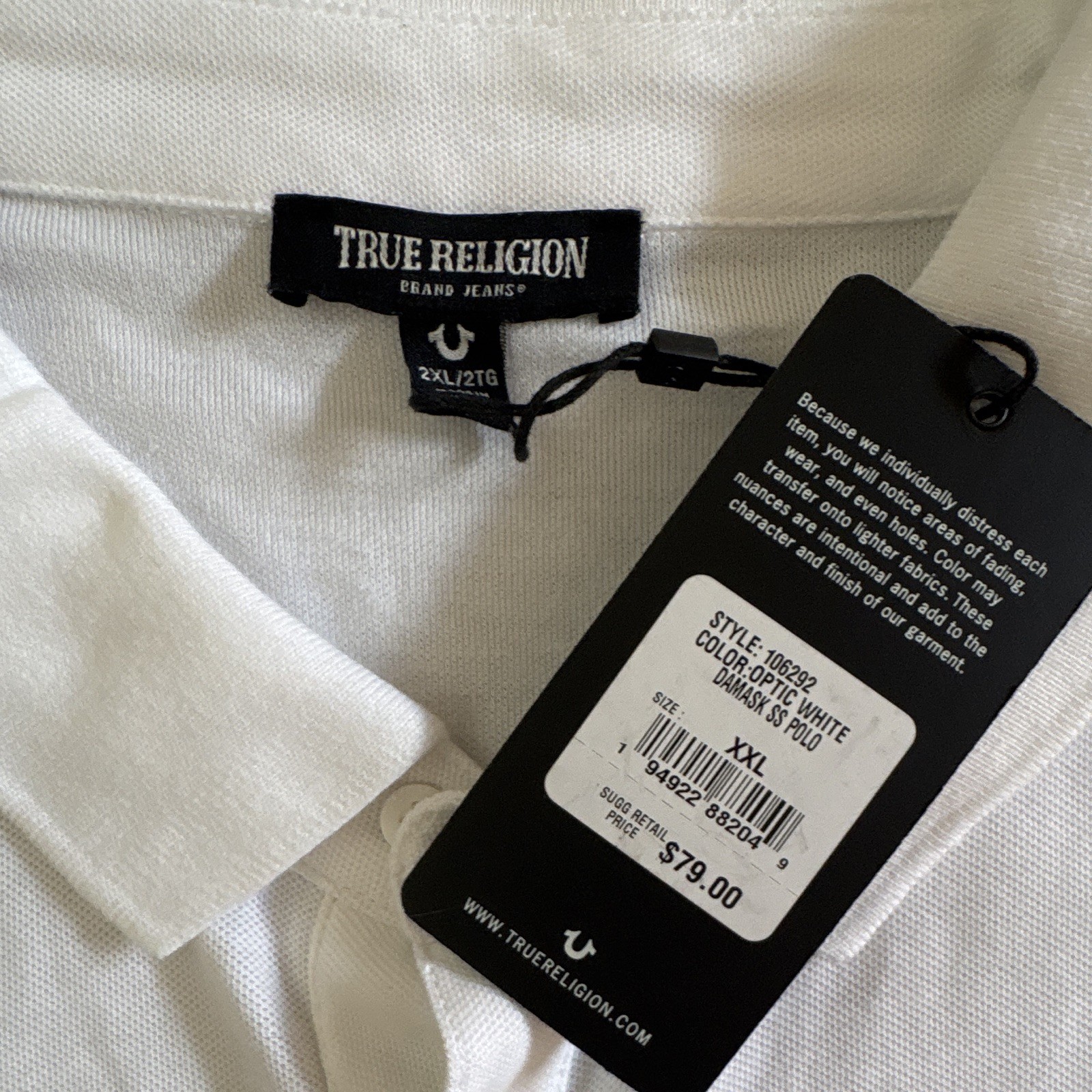 True Religion Men’s Optic White Horseshoe Logo Polo Short Sleeve XXL