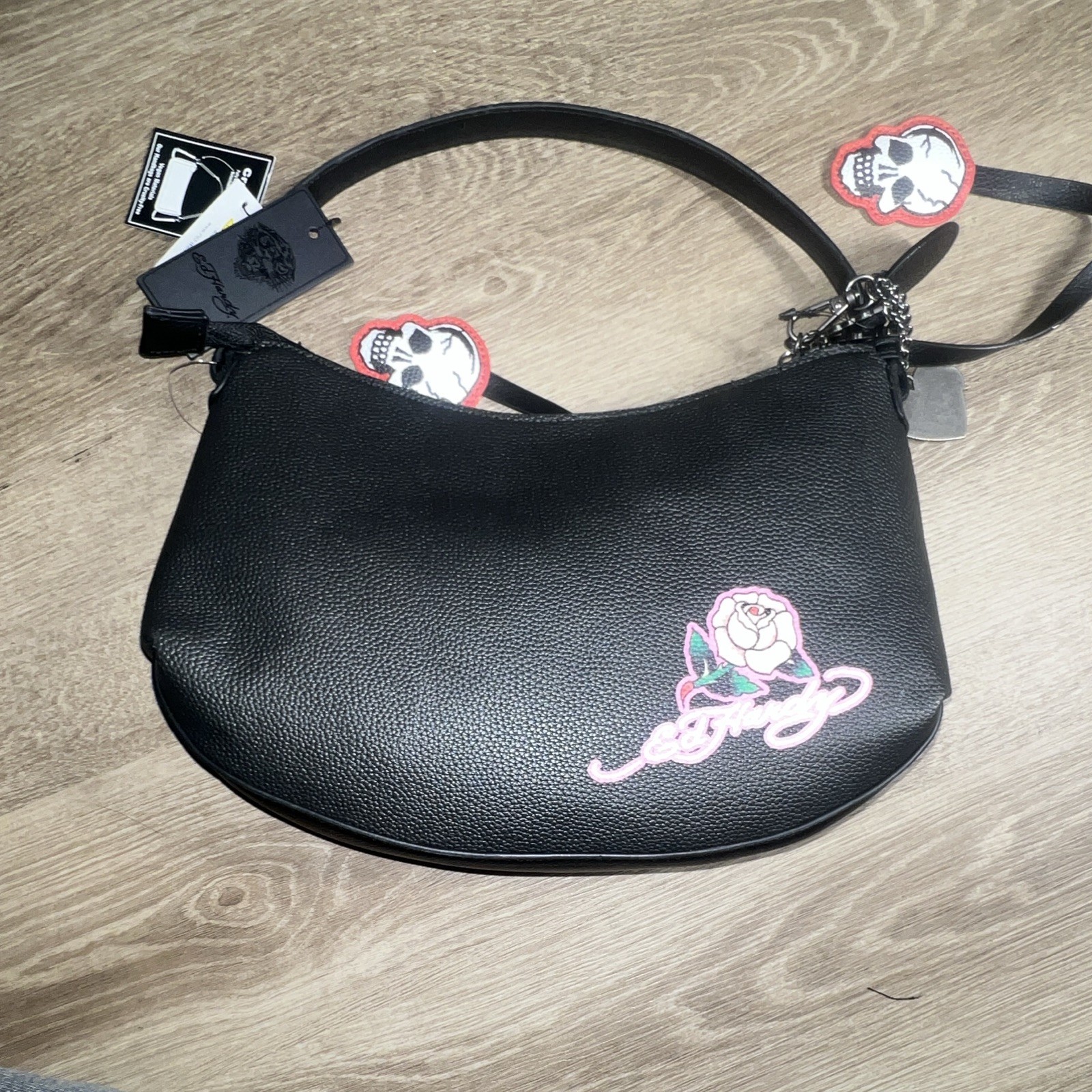 Ed Hardy Small Black Shoulder Bag Tiger Graphic Skull Tattoo Zip Closure Charm
