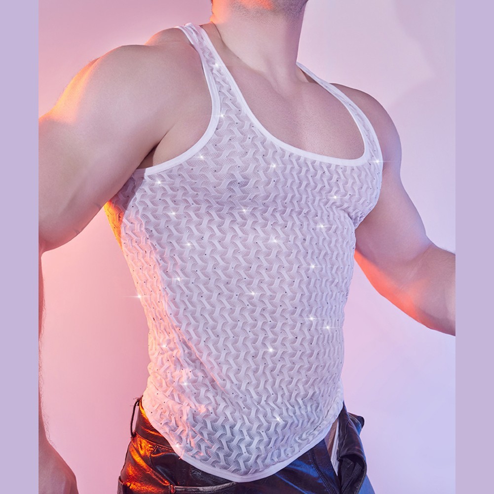 Men’s Sleeveless Tank Top Vest – Wave Pattern 95% Nylon 5% Spandex Undershirt