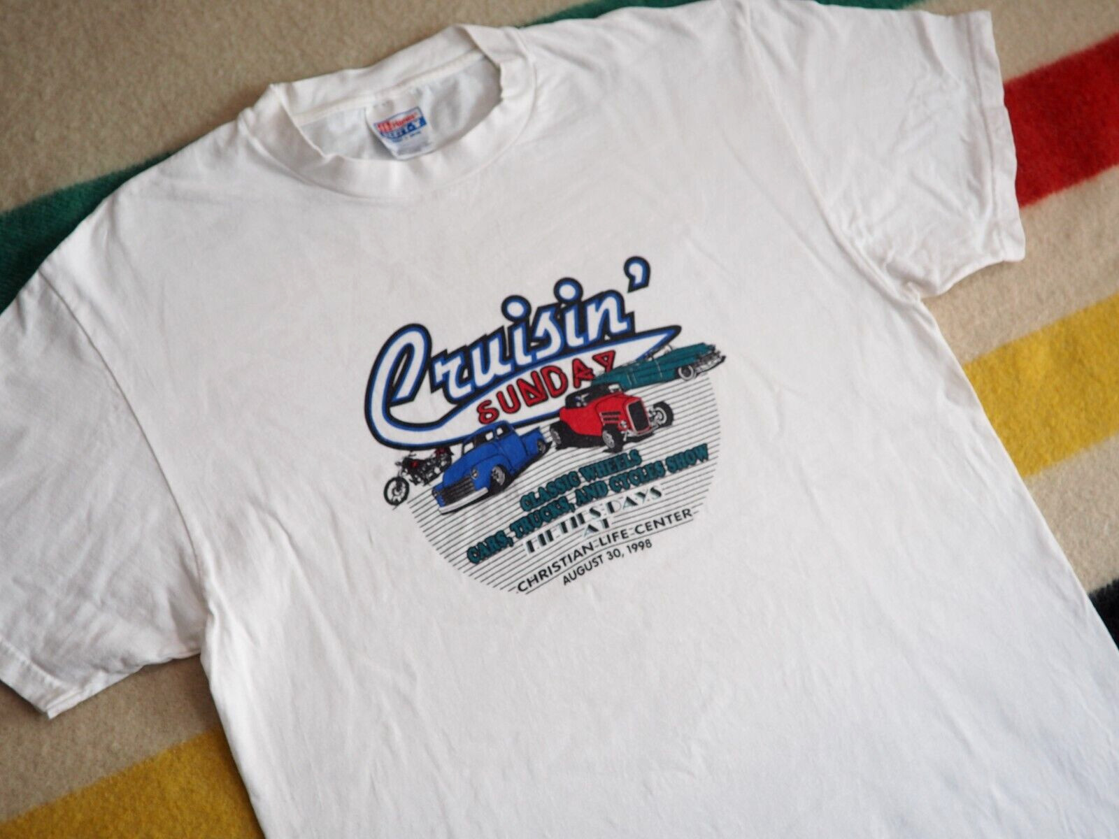 VTG 90s Hanes Cruisin Sunday Classic Cars Hot Rod White Biker Tee T-Shirt Mens L