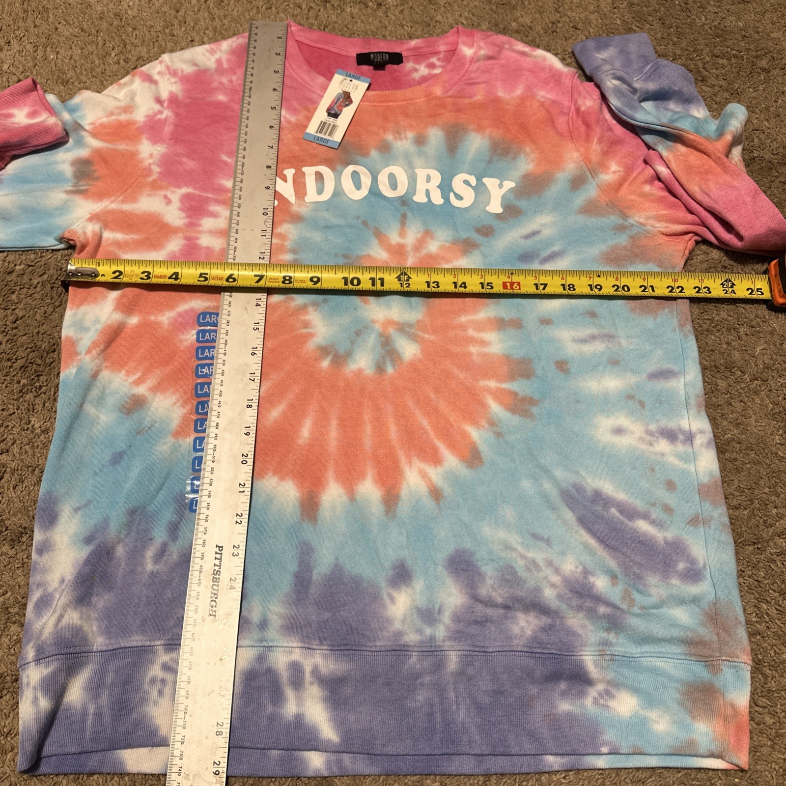 Modern Canvas Tie Dye ‘Indoorsy’ Novelty Sweatshirt Pink Orange Blue Funny Sz L