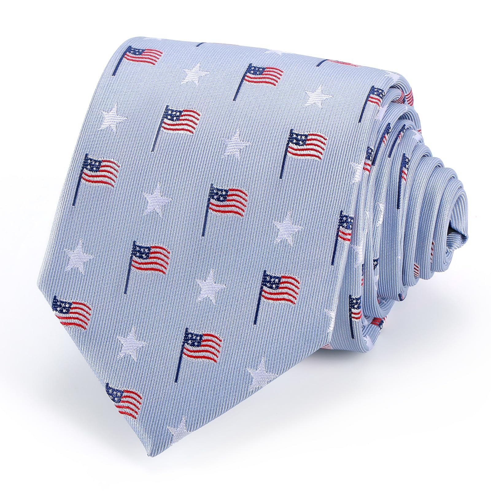 Men’s American Flag Tie Set 3.27″ (8.3CM) USA Flag Neckties and Pocket Sky Blue