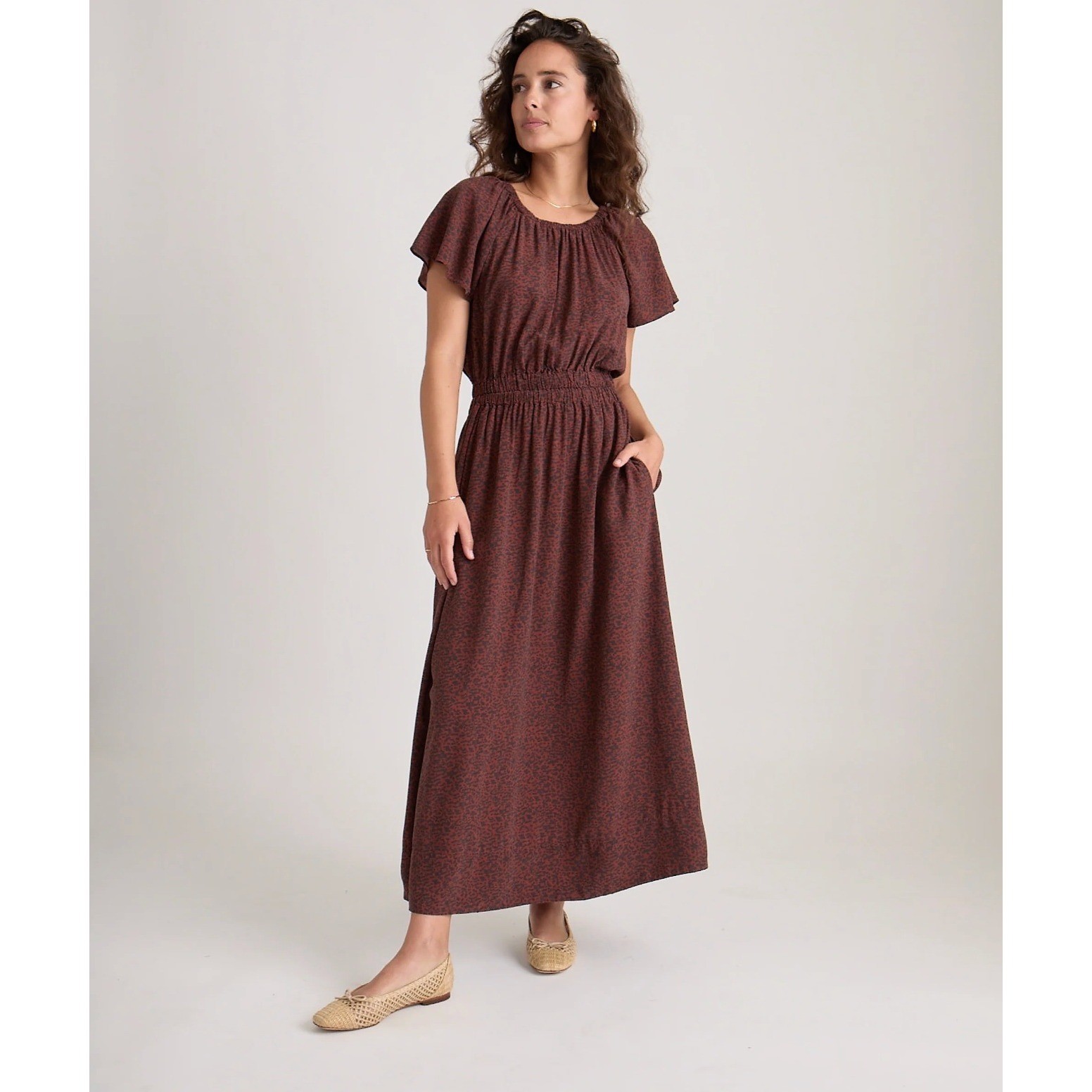 Marine Layer Charlotte Maxi Dress Deep Cheetah Brown Leopard Off Shoulder Large