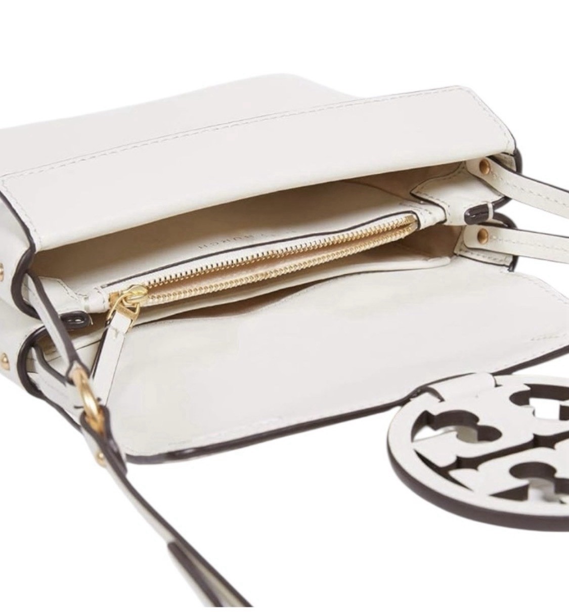 Tory Burch Miller Logo Leather Flap Crossbody Birch White Brushed Gold 398$
