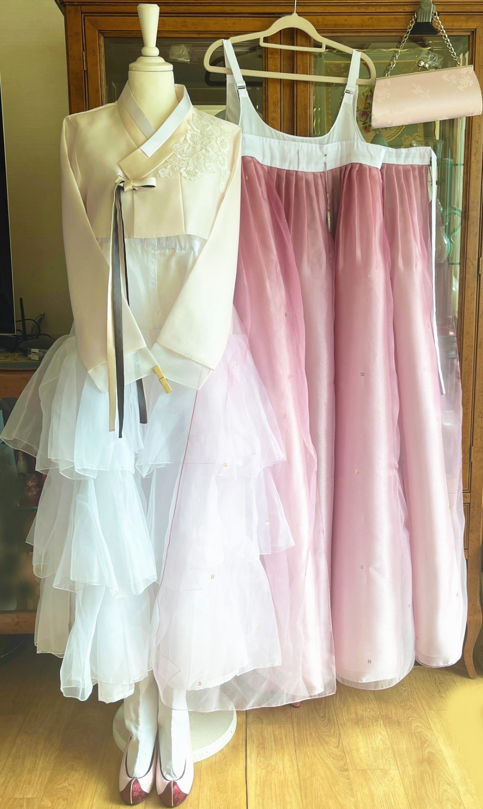 Korean Traditional Dress Hanbok Set- Ivory Top Pink Gallae Skirt / Petticoat Bag