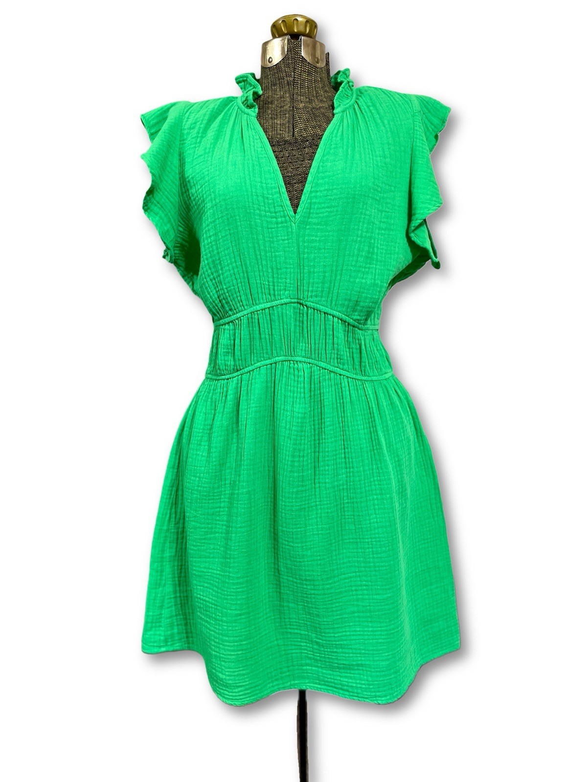 Dear John Cotton Gauze Flutter Sleeve Mini Dress Green A-Line Sundress Size M