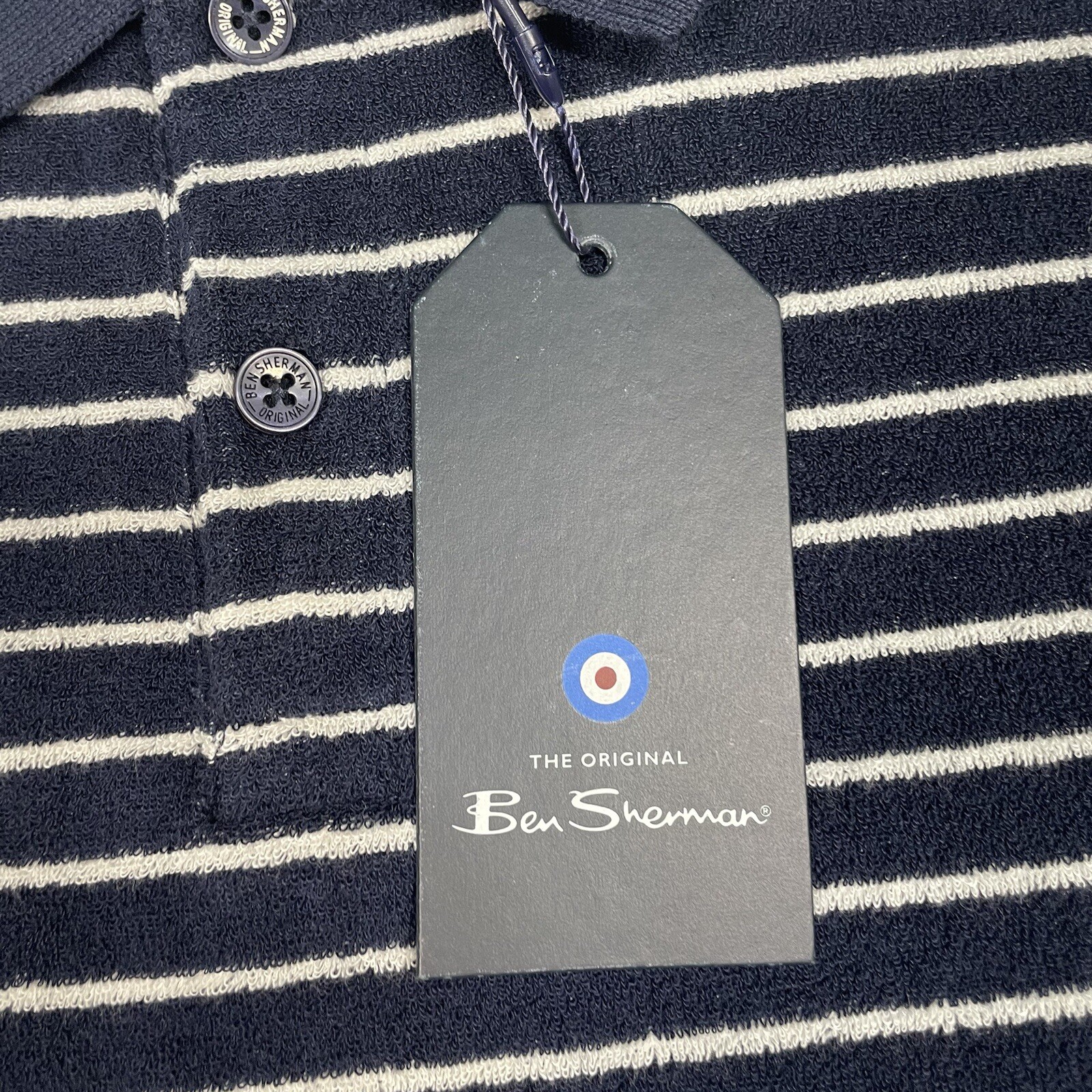 Ben Sherman Shirt Men’s Small Navy White Stripe Short Sleeve Textured Polo NEW