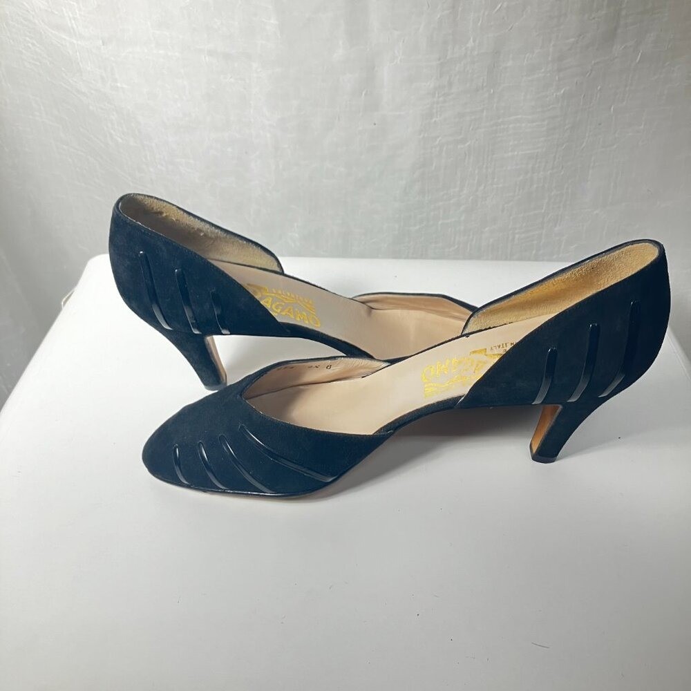 Ferragamo Black Suede Heels with Leather Details Size 8.5B