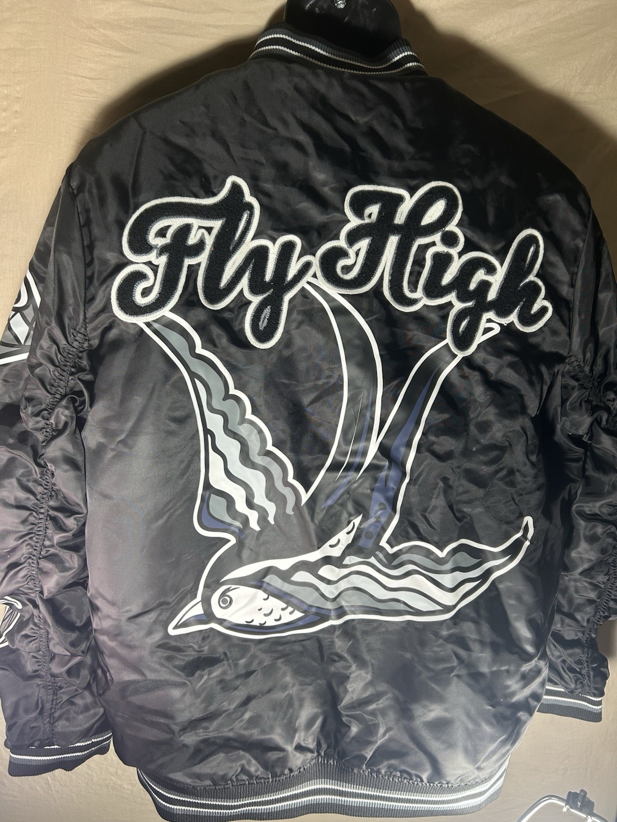 Rebel Minds Fly High Bomber Jacket Mens XL Black Satin Varsity Streetwear