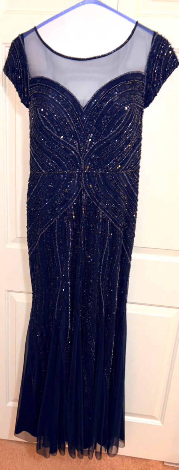Adrianna Papell Beaded Navy Gown Sz 14 Mother of Bride Elegant Wedding Dress