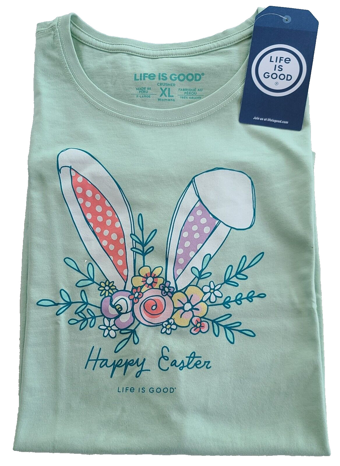 Life Is Good SS Shirt Crusher Tee EASTER BUNNY EARS FLOWER CROWN 47in Womens XL