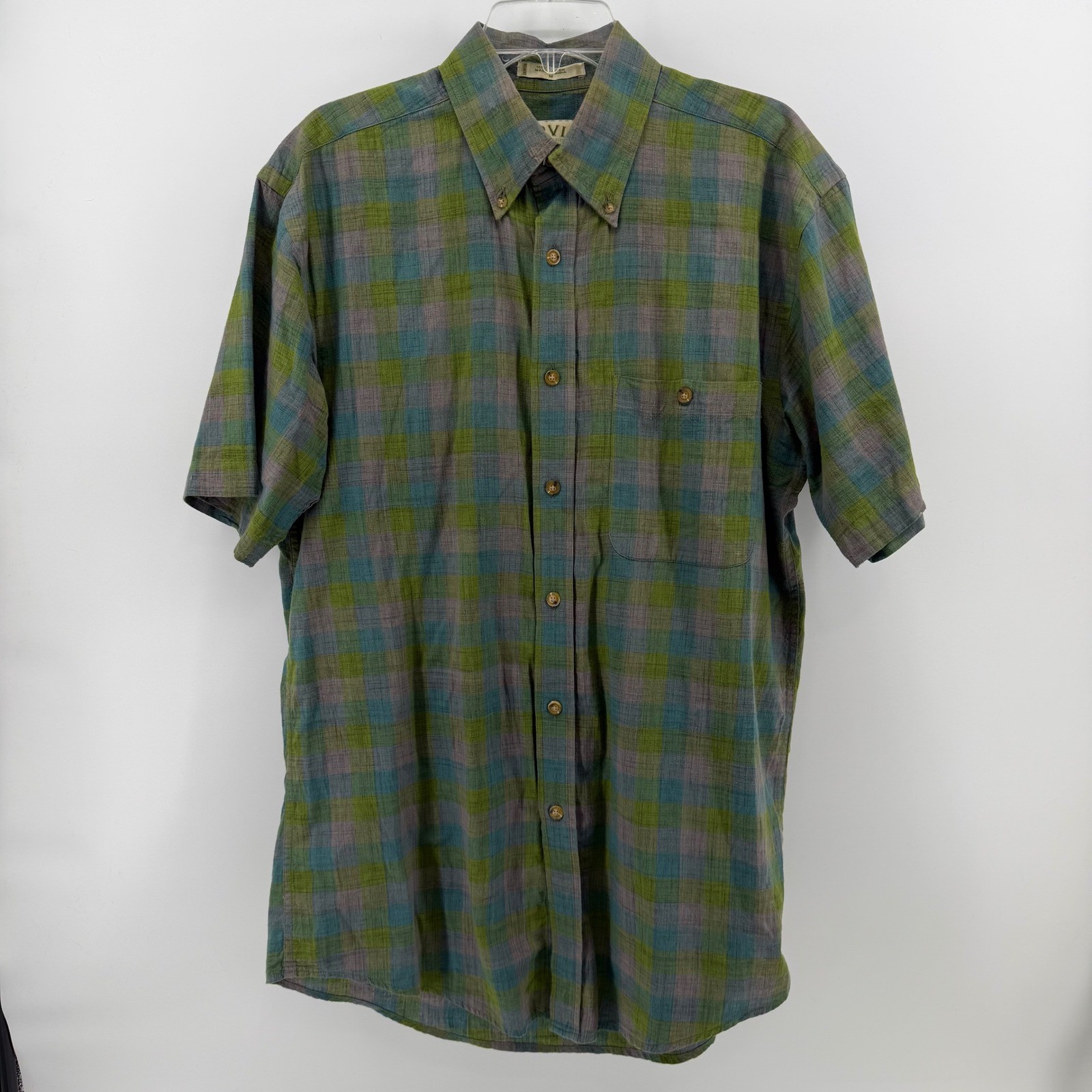 Orvis Button Down Shirt Mens Medium Green Plaid Short Sleeve Cotton 0438