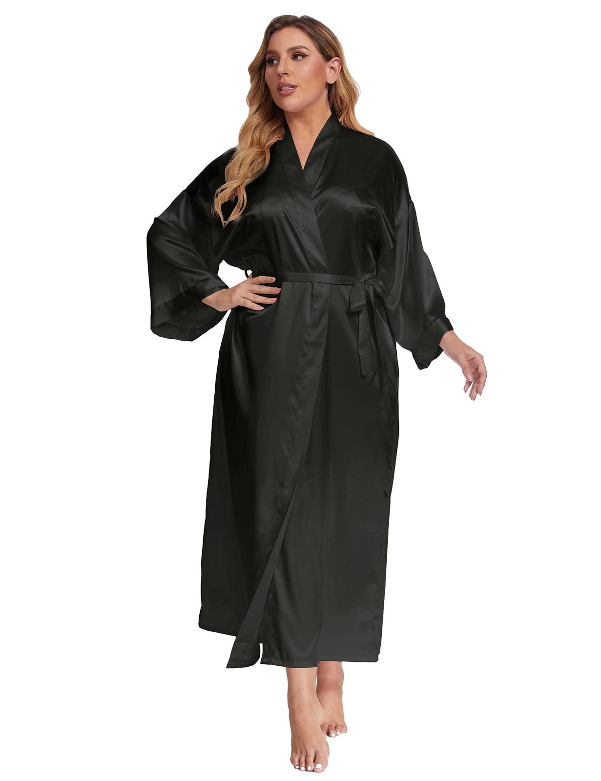 feslieacc Women’s Plus Size Long Satin Robes 4X-Large-5X-Large Plus, Black