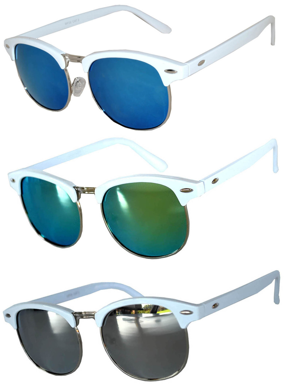 Set of 3 Half Frame Semi Rimless Horn Rim Sunglasses White Frame Mirror Lens