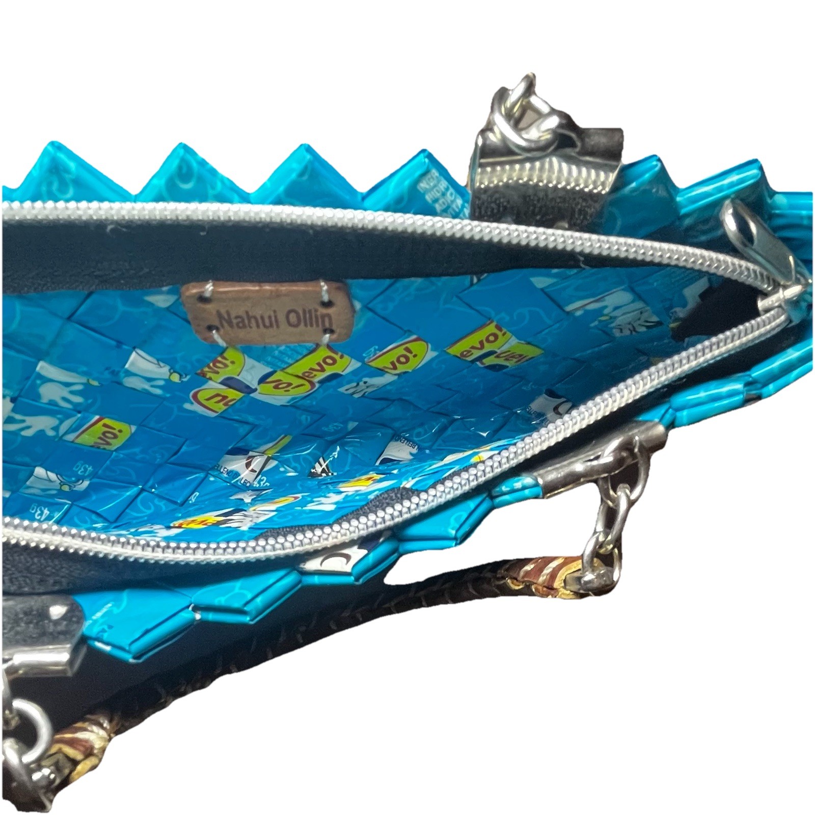 Nahui Ollin Candy Wrapper Hand Bag Teal Hand Made Woven Zipper Upcycle Recycle