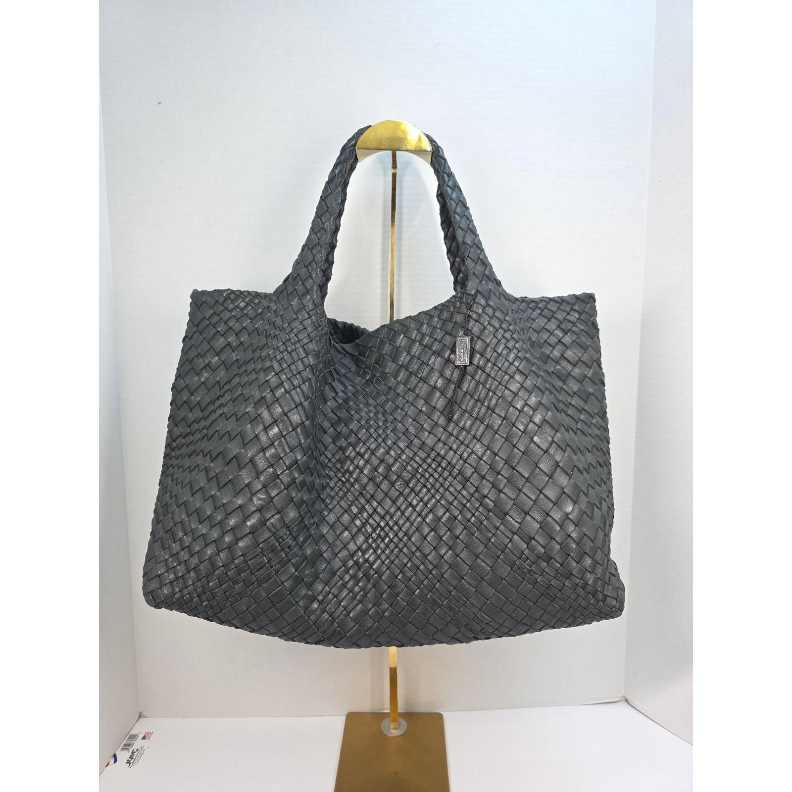 FALOR Italia Woven Leather Tote Bag Charcoal Grey Intrecciato Shopper F7349