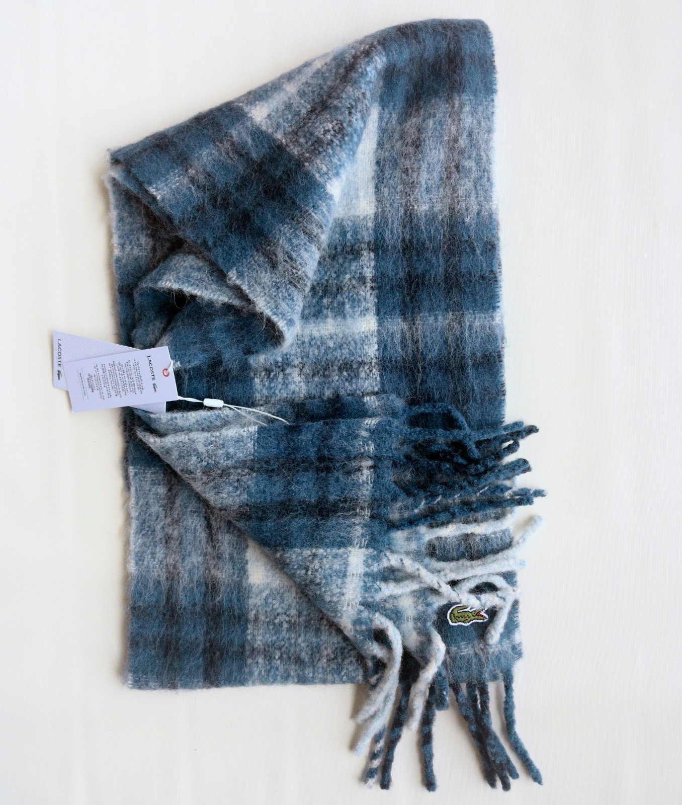 NP~$130 Lacoste Alpaca Scarf, Soft, Thick, Hairy! checked blue grey, warm scarf