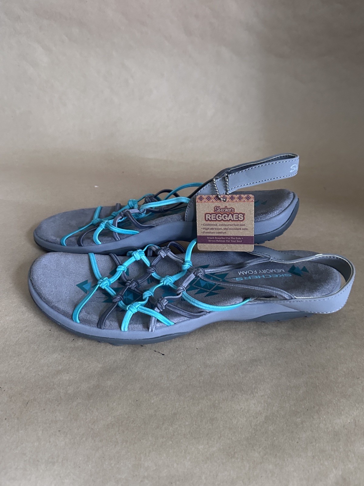 Skechers Reggae Slim Forget Me Knot Slip On Sandals Grey Teal Women’s 11 NWT