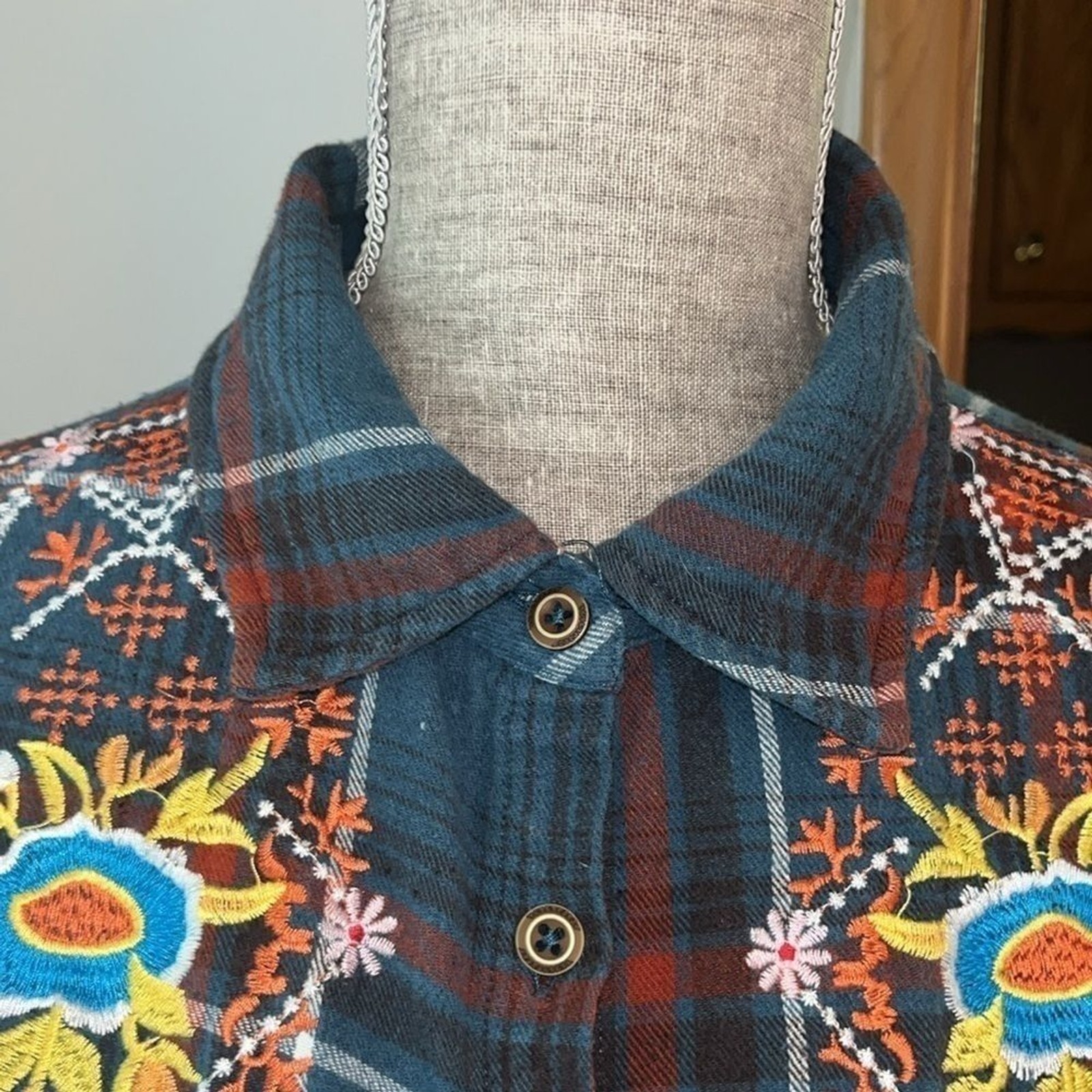 🤎 M Embroidered Flannel Tunic Longline Pockets Rodeo Boho Festival Art To Wear