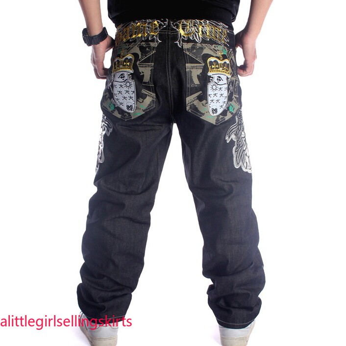 Mens Jeans Denim Embroidery Casual Pants Trousers Hip-Hop Relaxed Black W30-W46