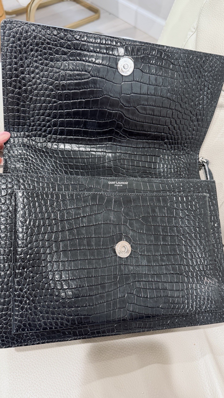 Saint Laurent Black Croc Embossed Magnetic Flap Shoulder Bag Silver Chain