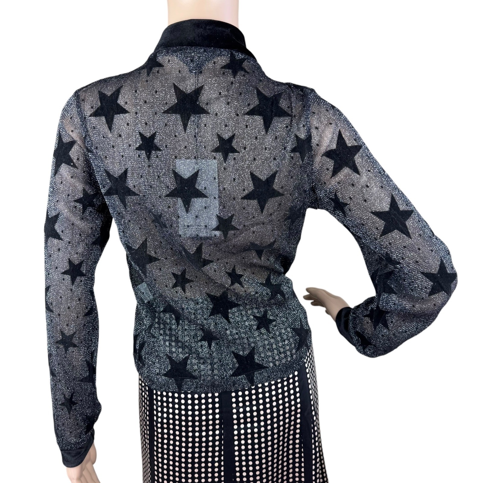 New Haoduoyi Black Stars Tie Front Shimmery Silver Long Sleeves Blouse Size S