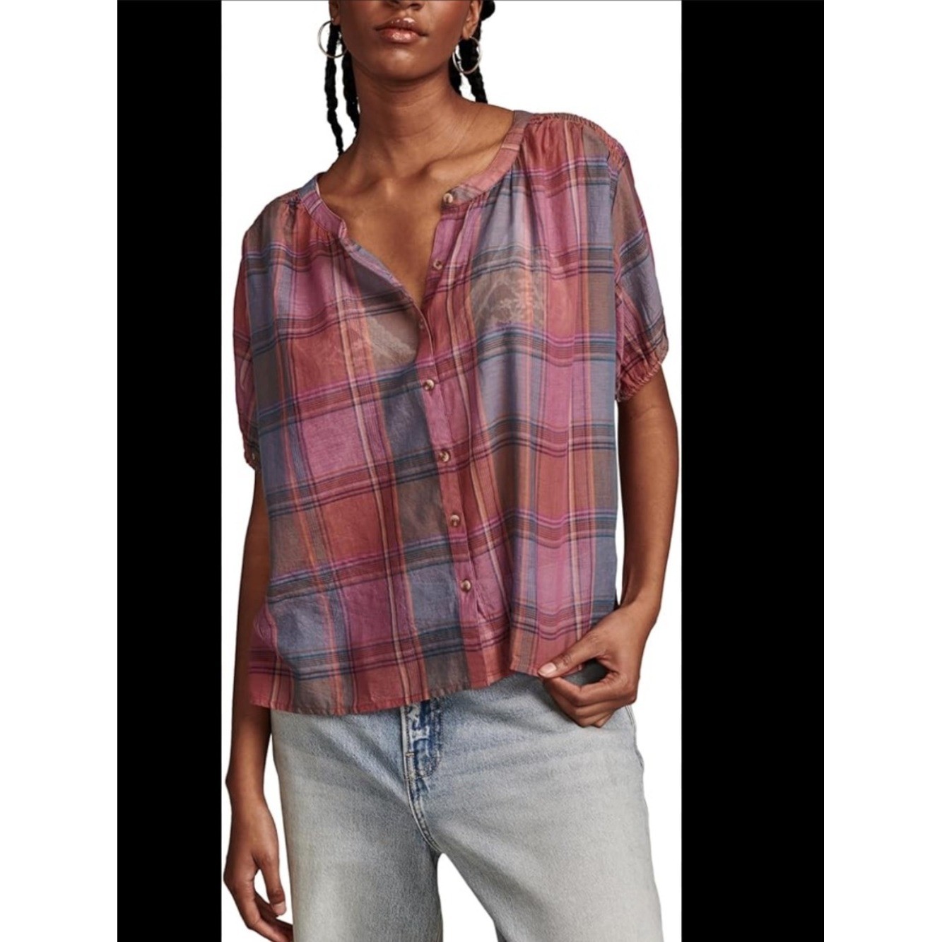Lucky Brand Pink & Purple Plaid Smocked-Shoulder Blouse light summer top