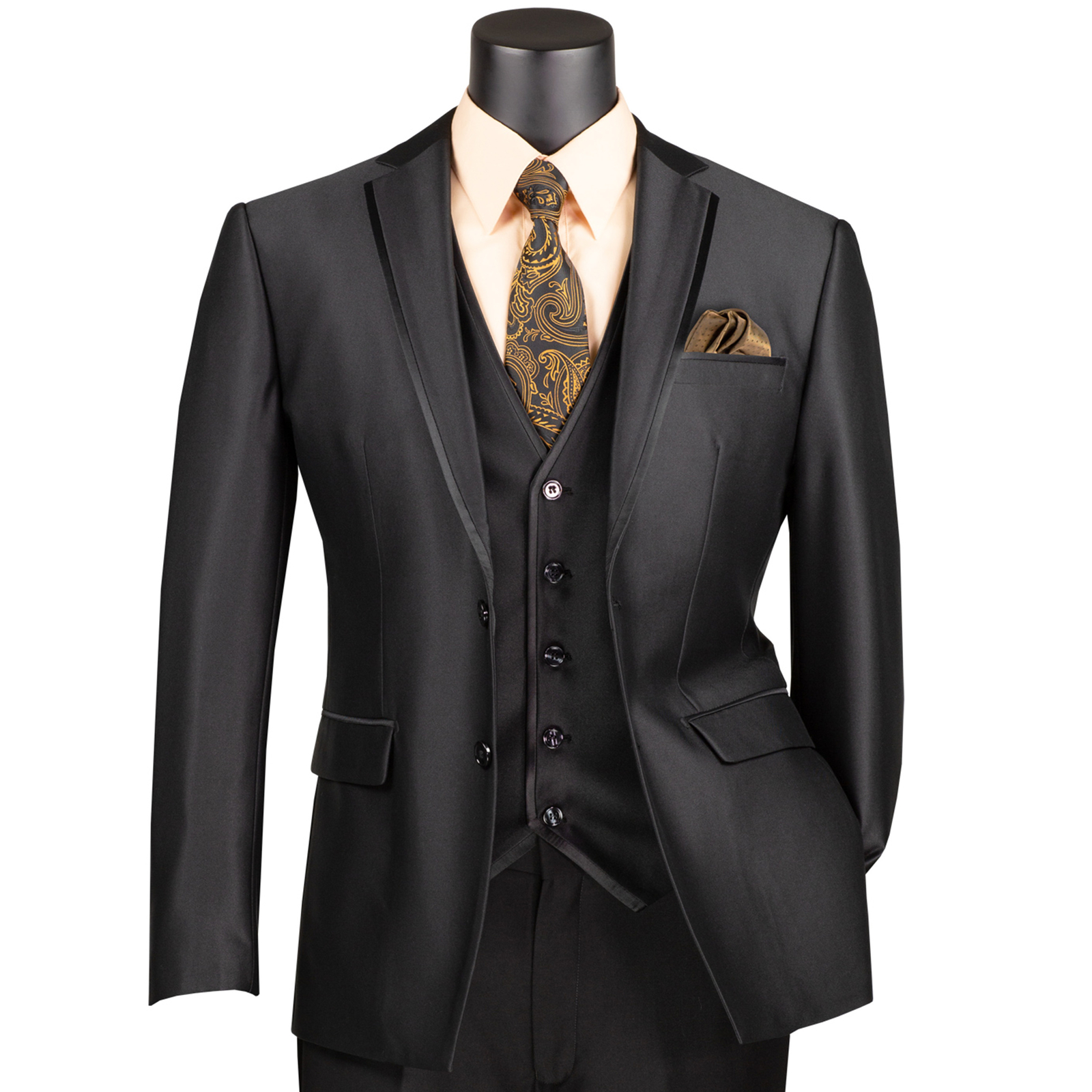 VINCI Men’s Black Satin 3-Piece 2-Button Slim-Fit Suit – NEW